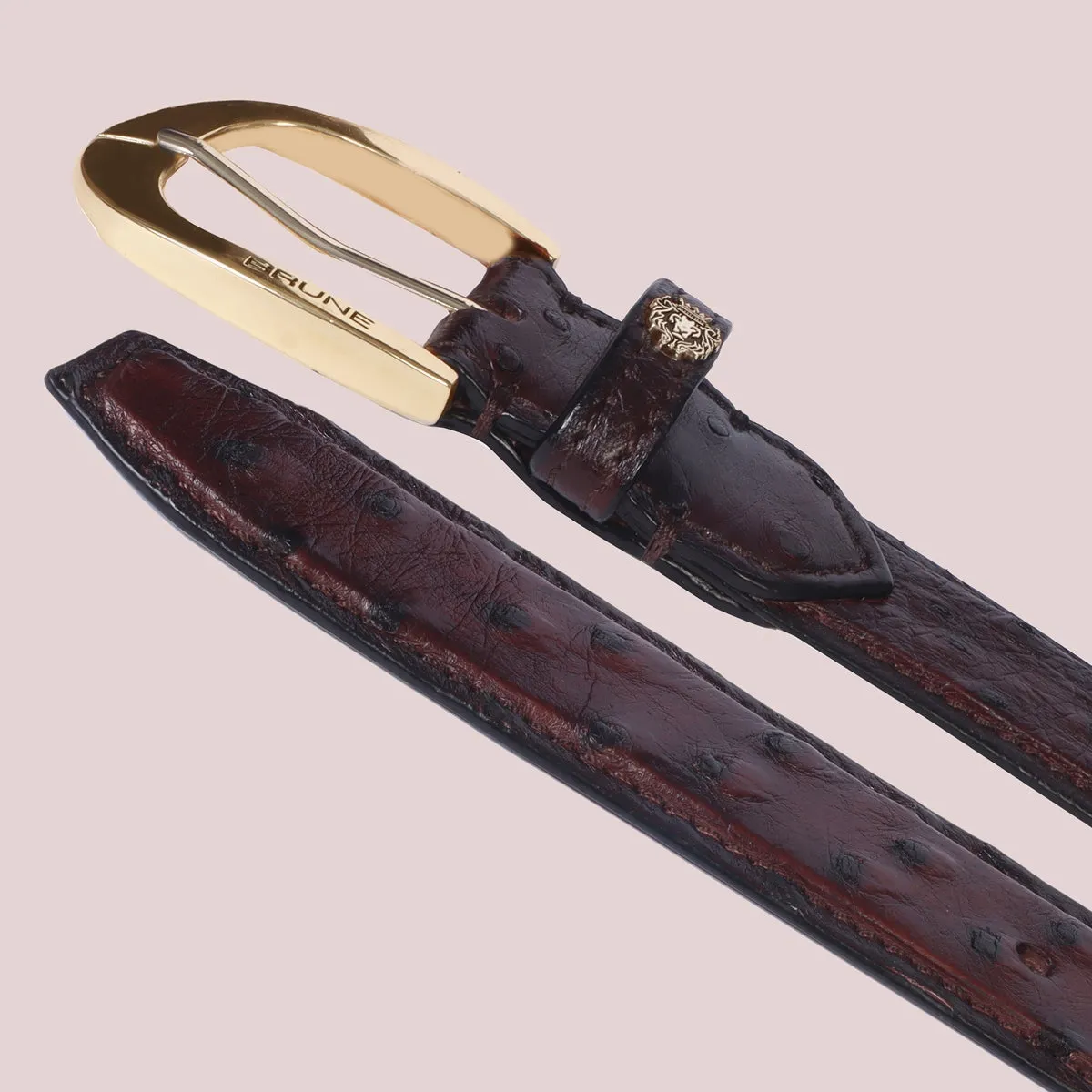 Oval Shape Buckle Belt Dark Brown Ostrich Leather