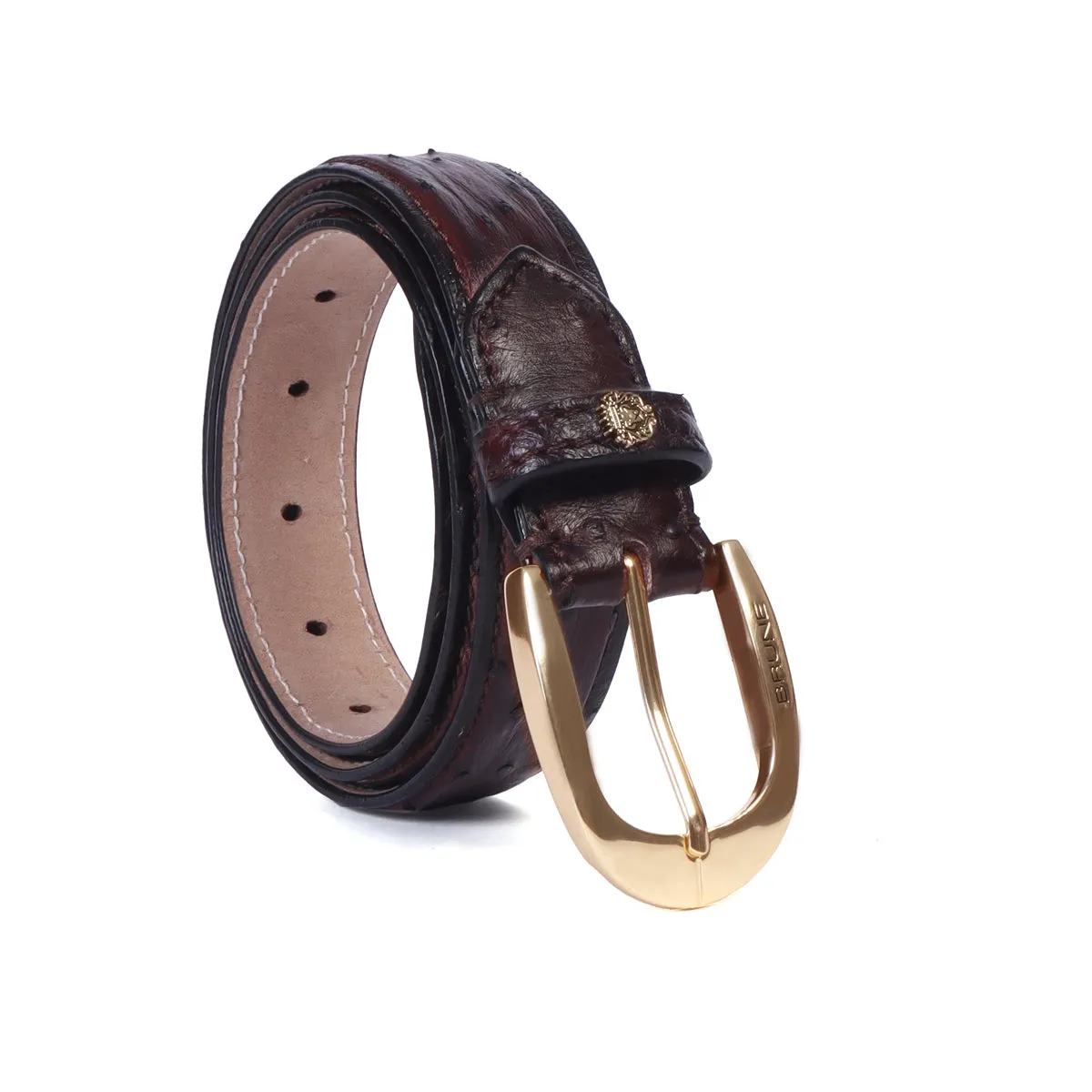 Oval Shape Buckle Belt Dark Brown Ostrich Leather