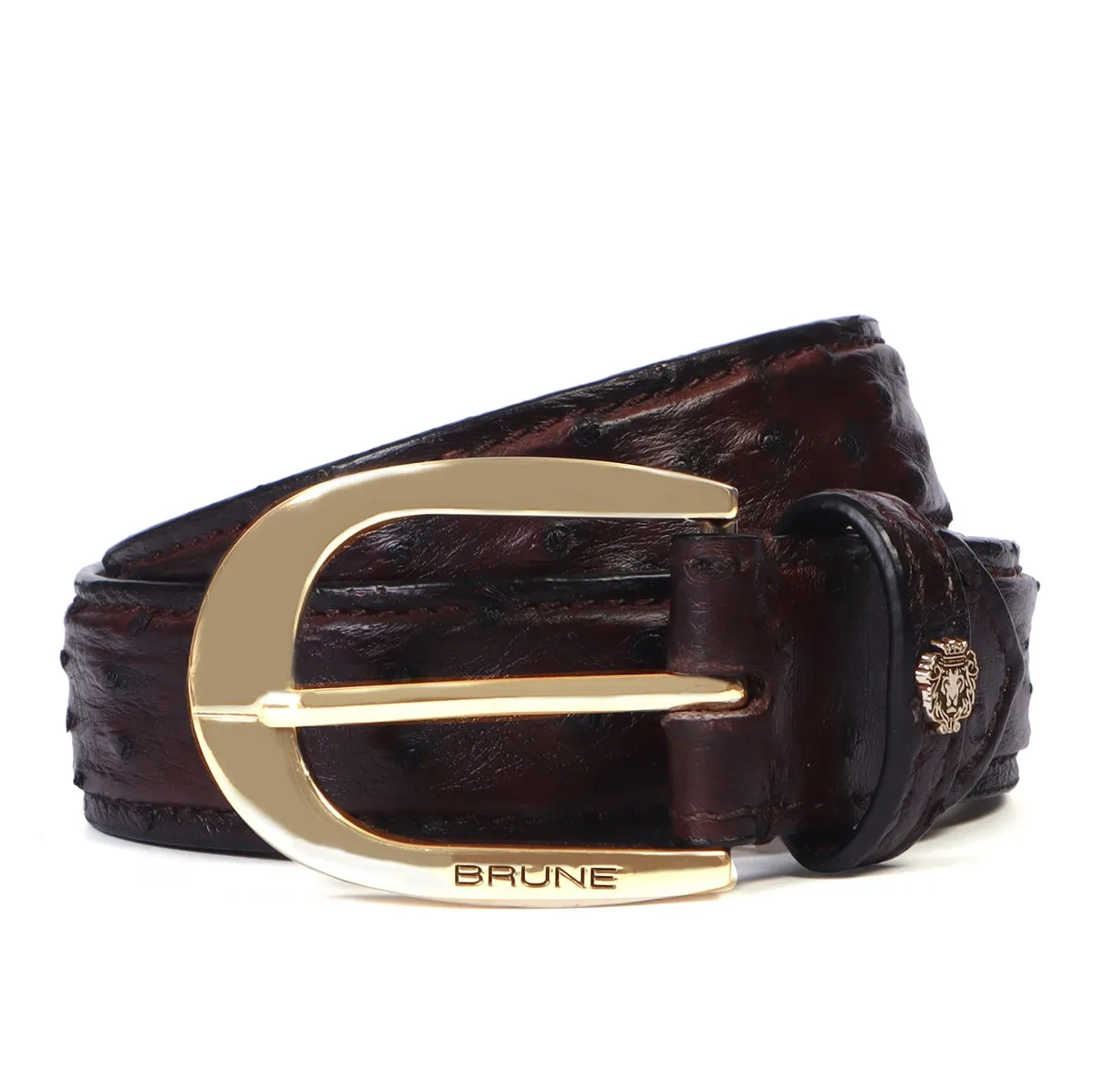 Oval Shape Buckle Belt Dark Brown Ostrich Leather