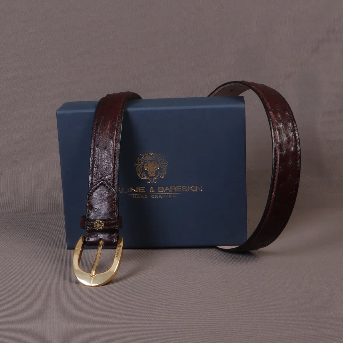 Oval Shape Buckle Belt Dark Brown Ostrich Leather