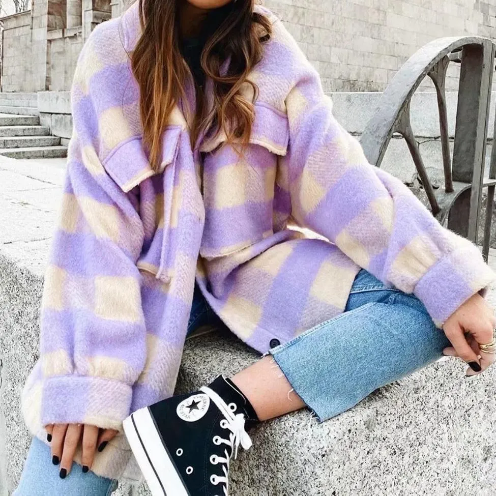 Oversize Wool Coat Women Plaid Jackets