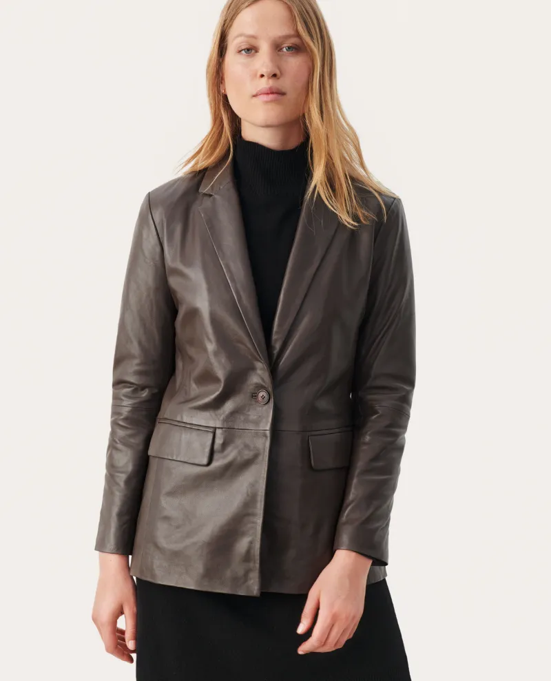 Part Two Roxanna Brown Fudge Leather Blazer