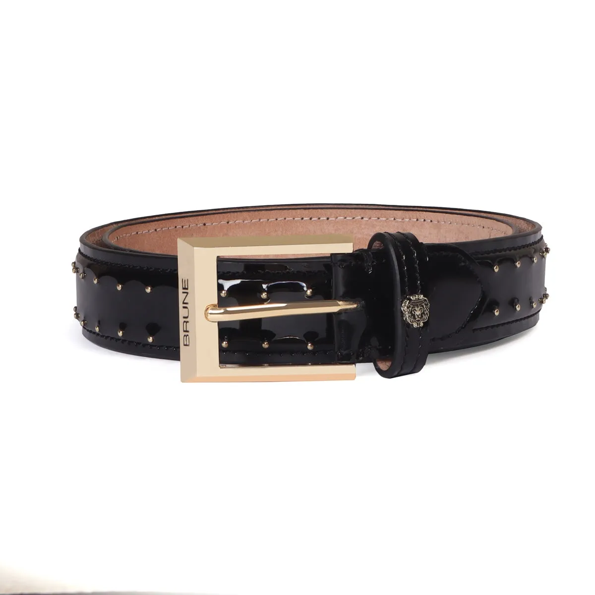 Pint-Sized Golden Stud Detailing Black Patent Leather Gold Finish Buckle Belts By Brune & Bareskin