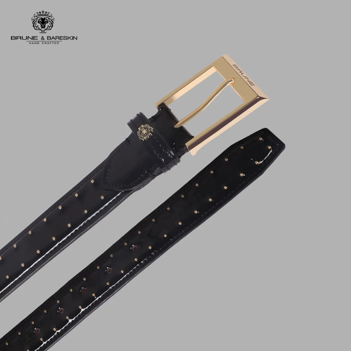 Pint-Sized Golden Stud Detailing Black Patent Leather Gold Finish Buckle Belts By Brune & Bareskin