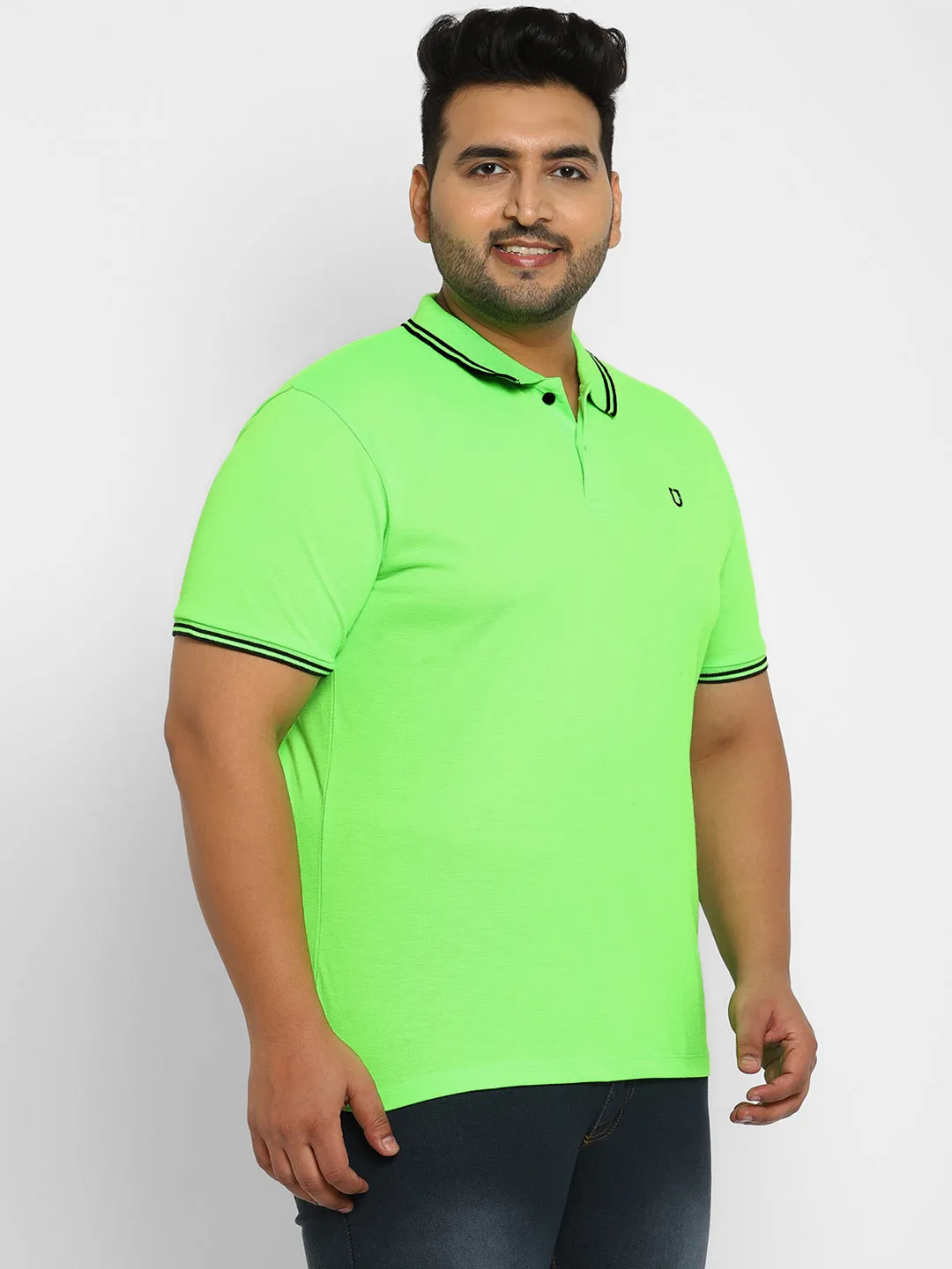 Plus Men's Neon Green Solid Regular Fit Half Sleeve Cotton Polo T-Shirt