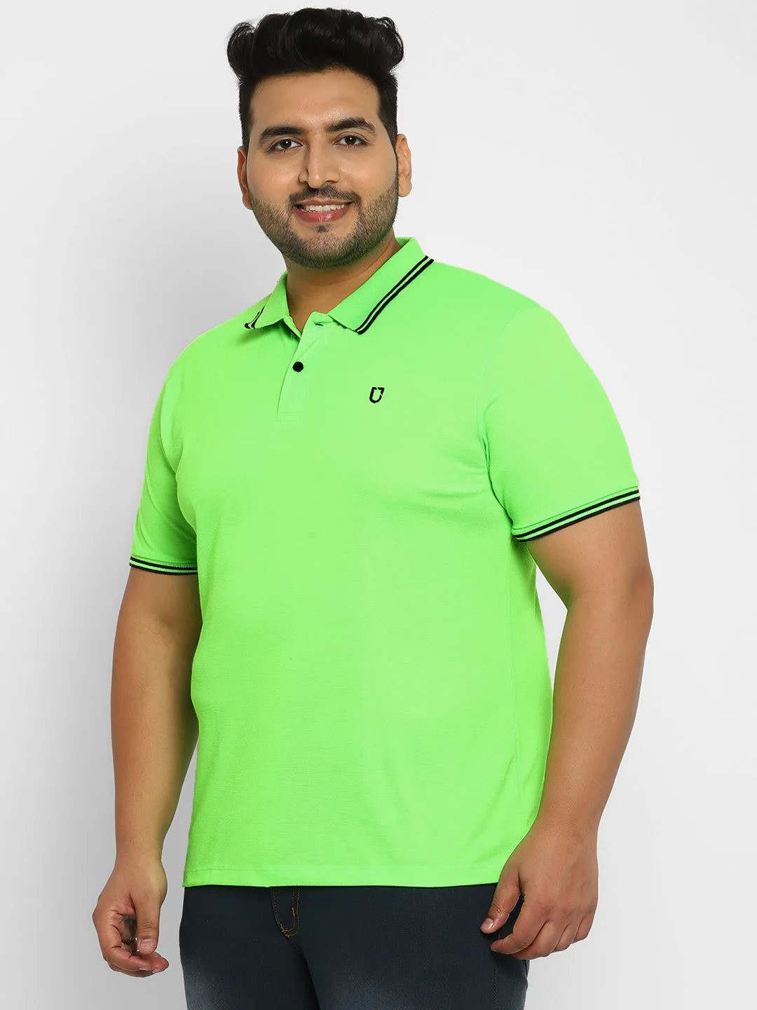 Plus Men's Neon Green Solid Regular Fit Half Sleeve Cotton Polo T-Shirt