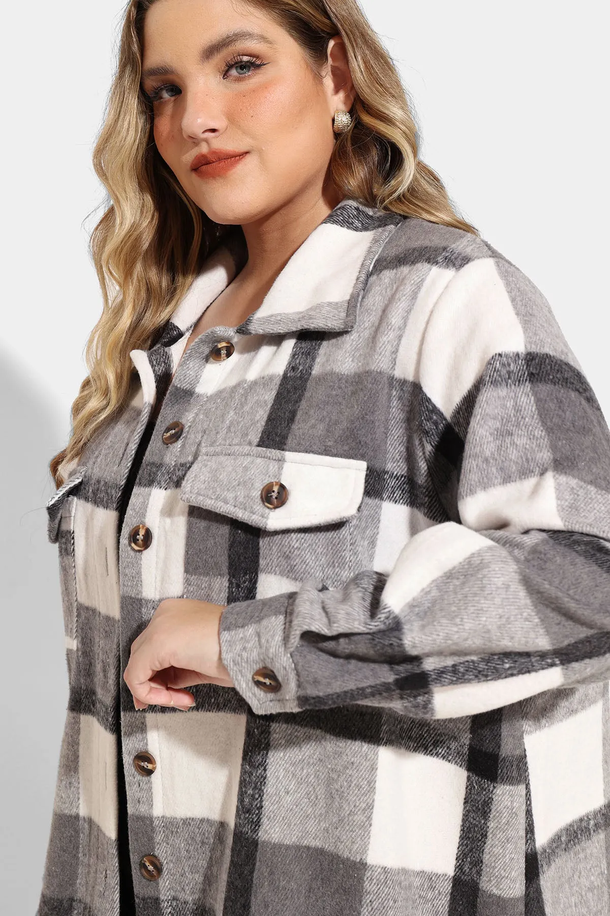 Pocket Plaid Patchwork Button Down Flanner Coat