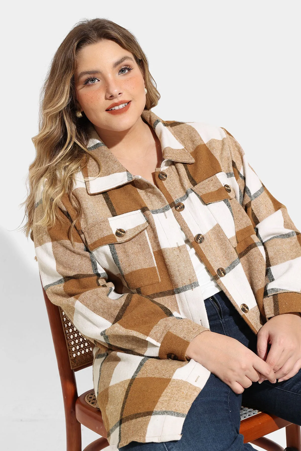 Pocket Plaid Patchwork Button Down Flanner Coat