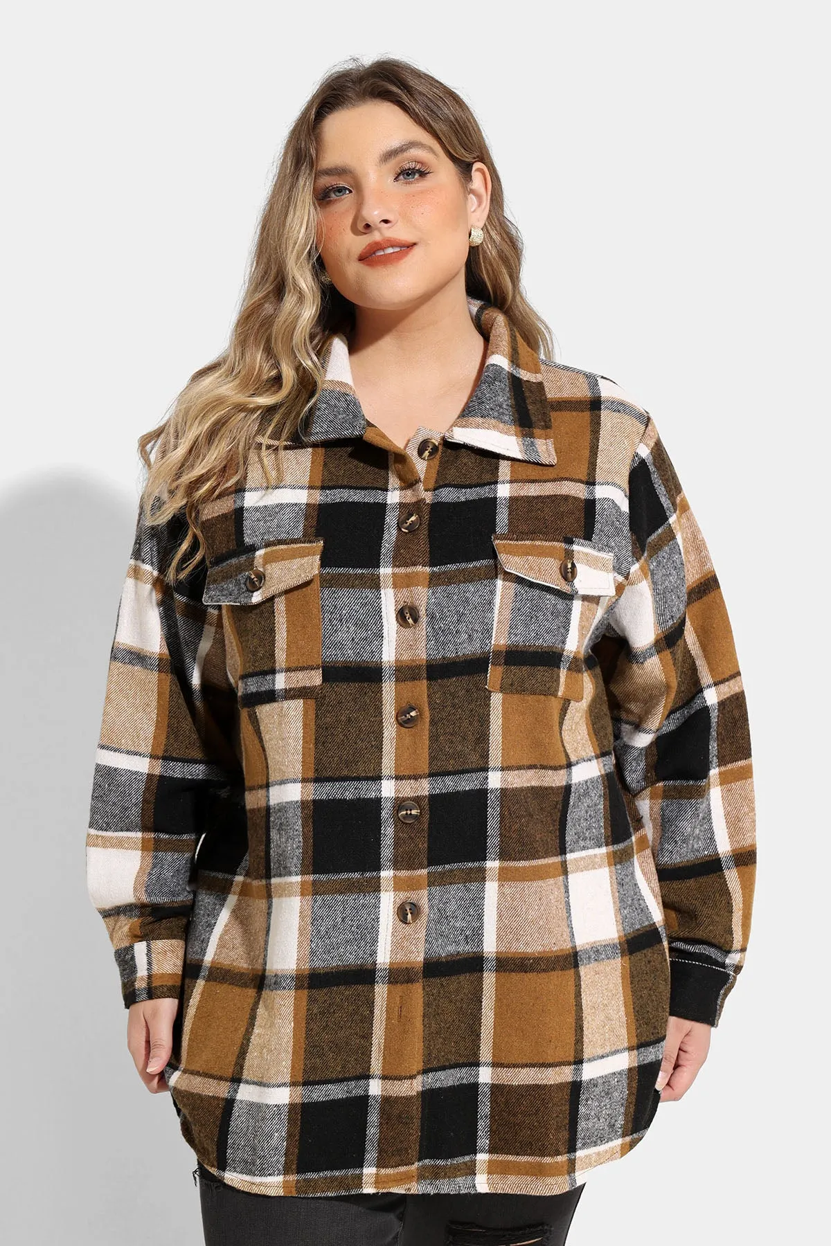 Pocket Plaid Patchwork Button Down Flanner Coat