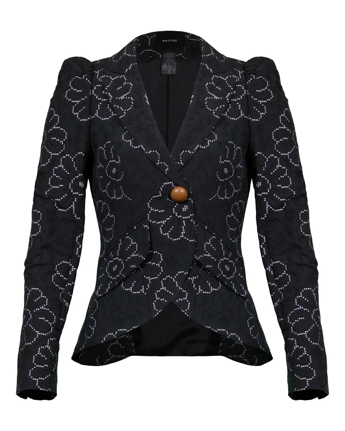 Pouf Sleeve One Button Blazer Black Floral