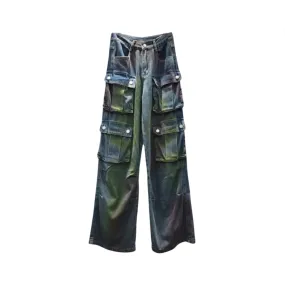 Pre  Order: Multi Pocket Color Stained Straight Leg Jeans