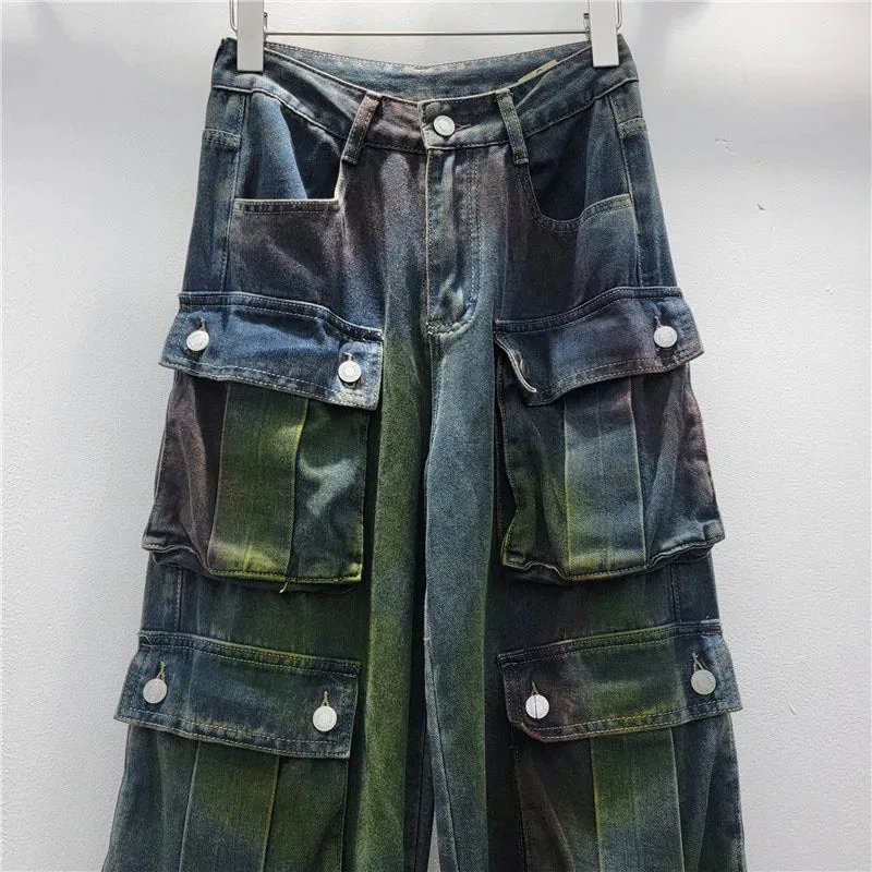 Pre  Order: Multi Pocket Color Stained Straight Leg Jeans