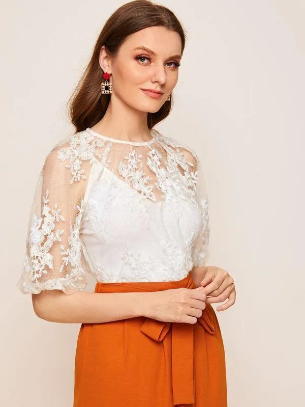 Puff Sleeve Floral Embroidered Mesh Sheer Top Without Camisole