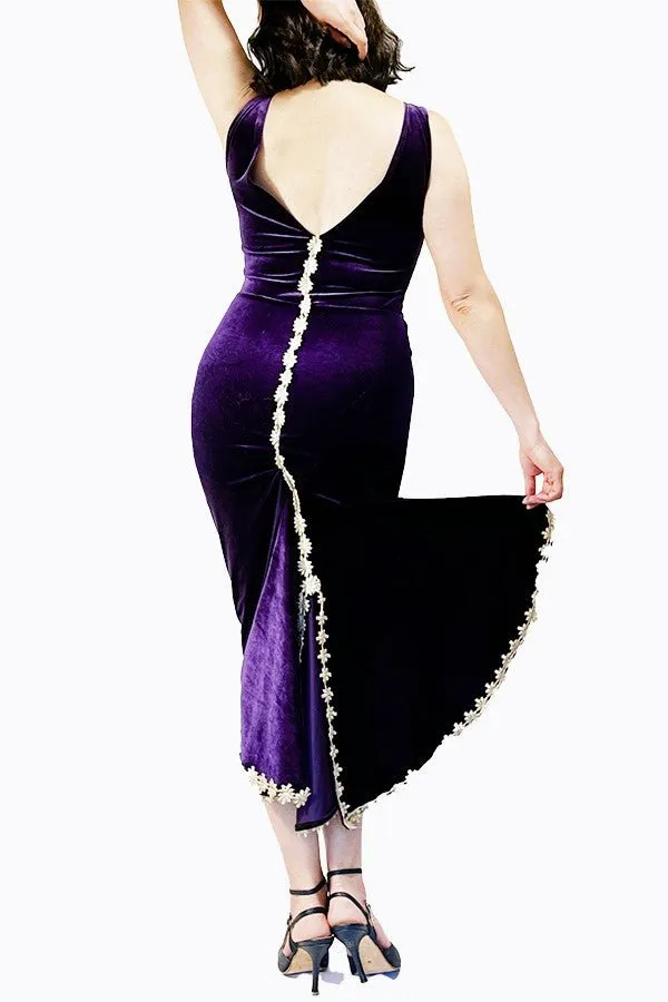 purple velvet & gold flowers LUNA tango dress with tail