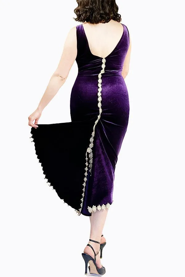 purple velvet & gold flowers LUNA tango dress with tail