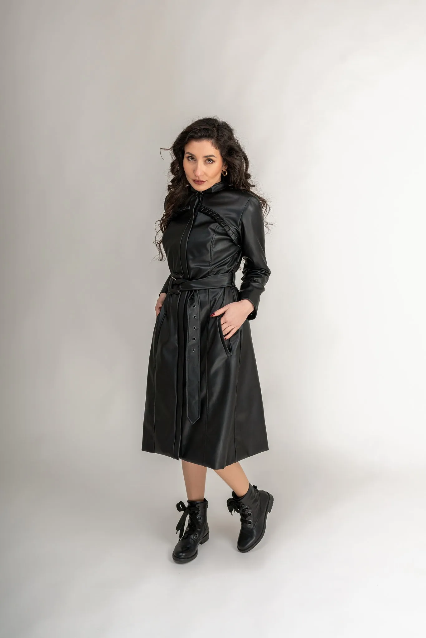 "Chelsea" Faux Leather Trench Coat In Black