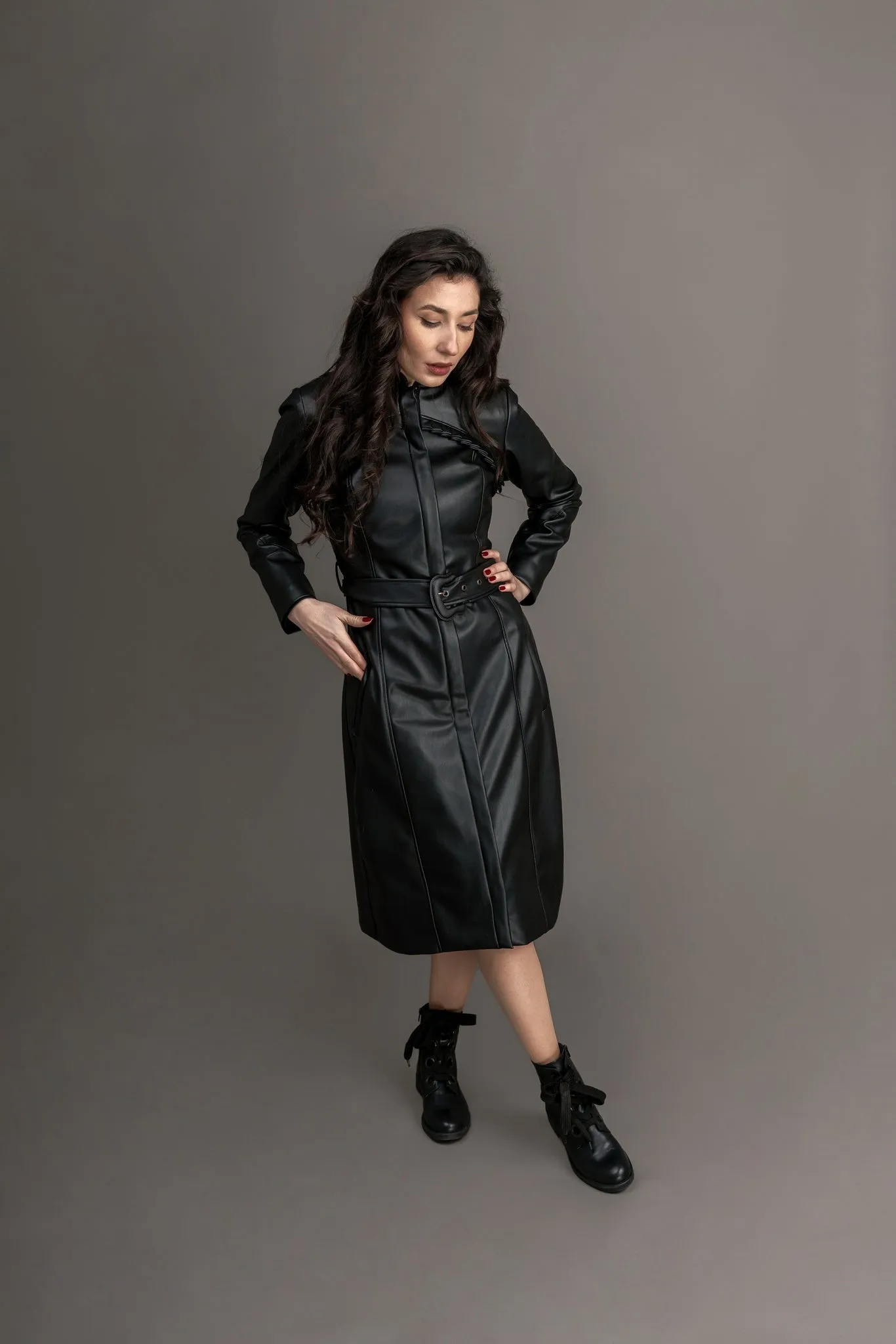 "Chelsea" Faux Leather Trench Coat In Black