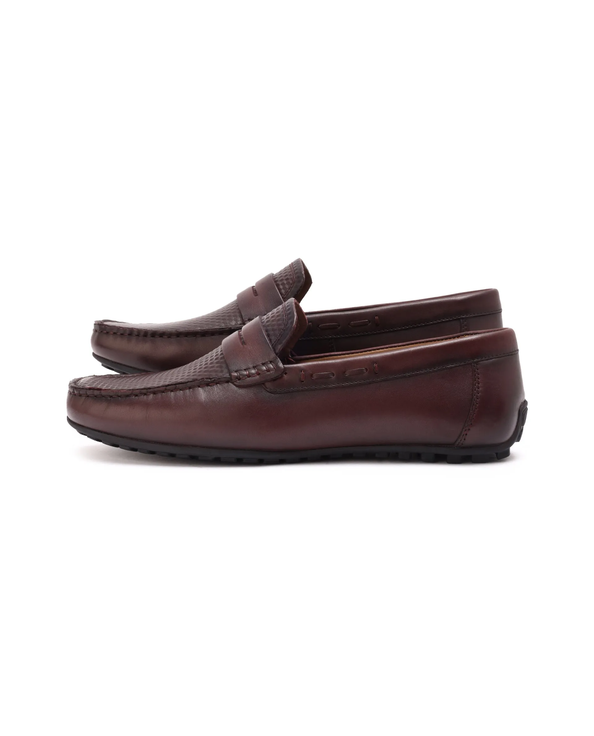 Rare Rabbit Men's Honey Burgundy Slip-On 3D Plated Genuine Leather Driver Moccasin