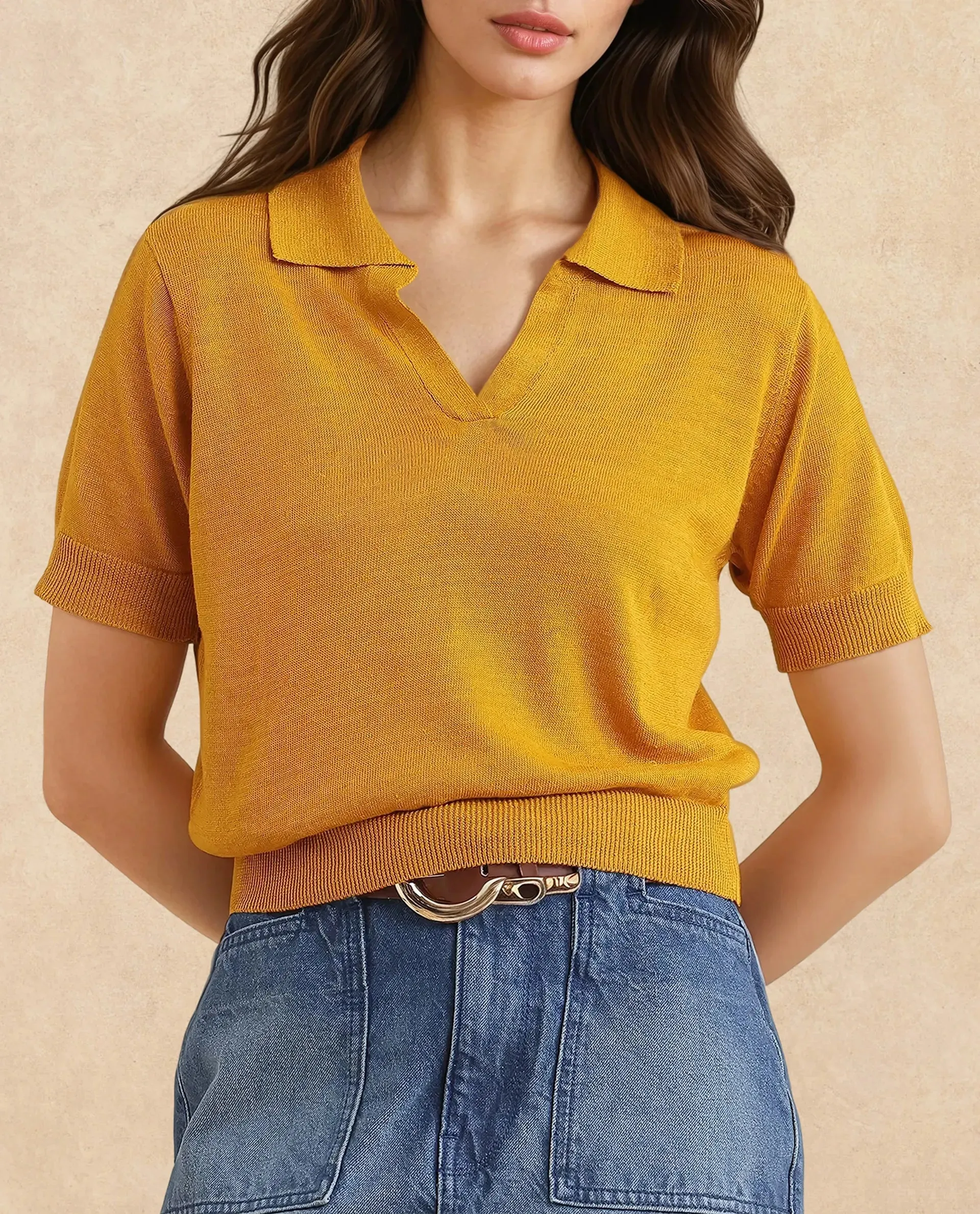 Rareism Women Basel Yellow Cotton Linen Fabric Short Sleeve Polo Collar Plain Polo