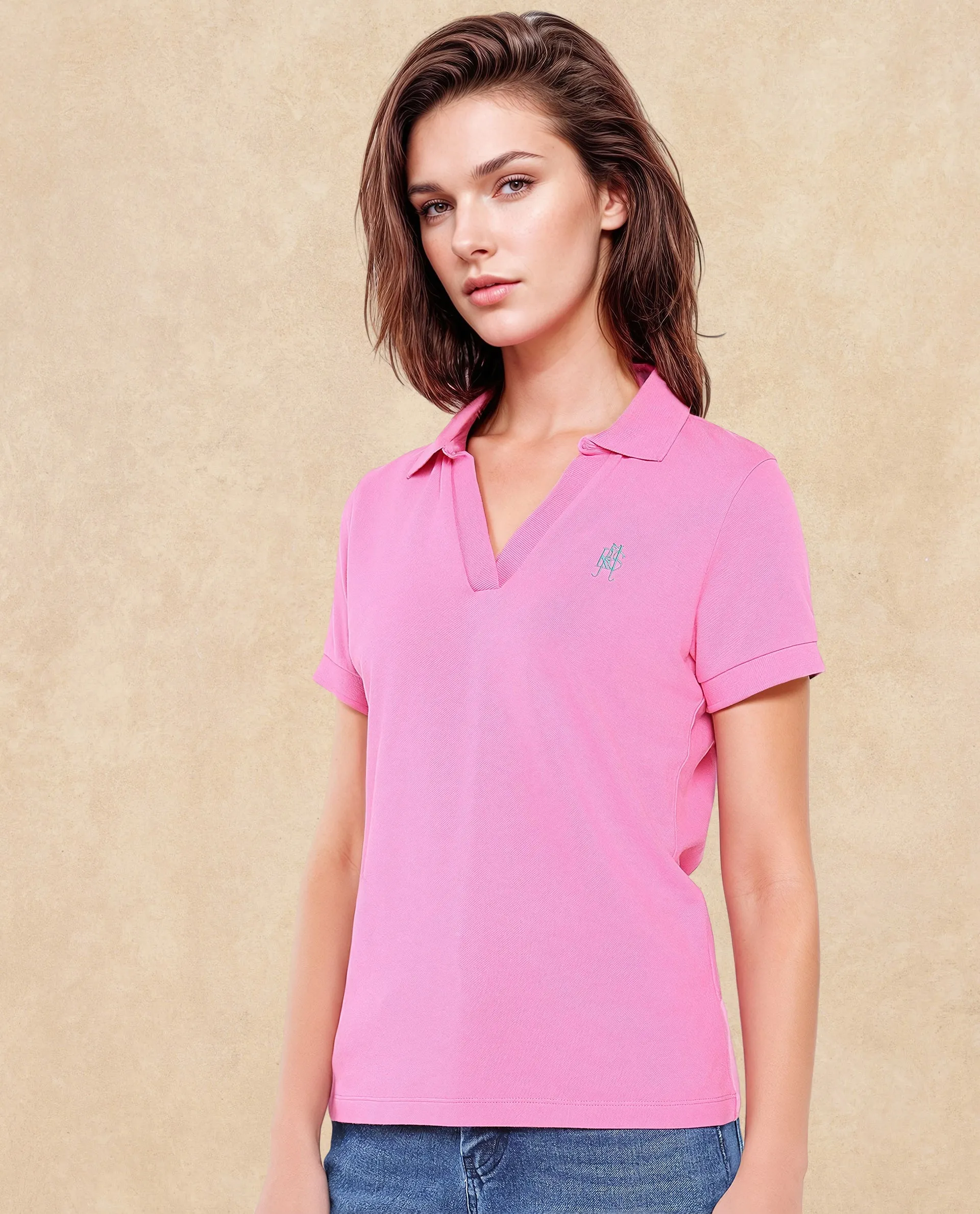 Rareism Women Van Pink Cotton Lycra Fabric Short Sleeve Polo Collar Plain Polo