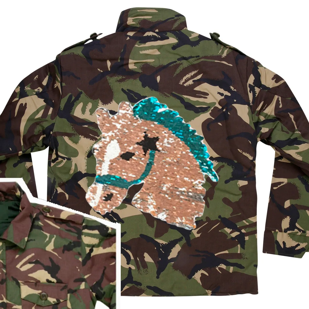 Reversible Sequin Horse Head Camo Jacket