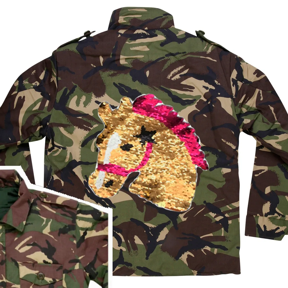 Reversible Sequin Horse Head Camo Jacket