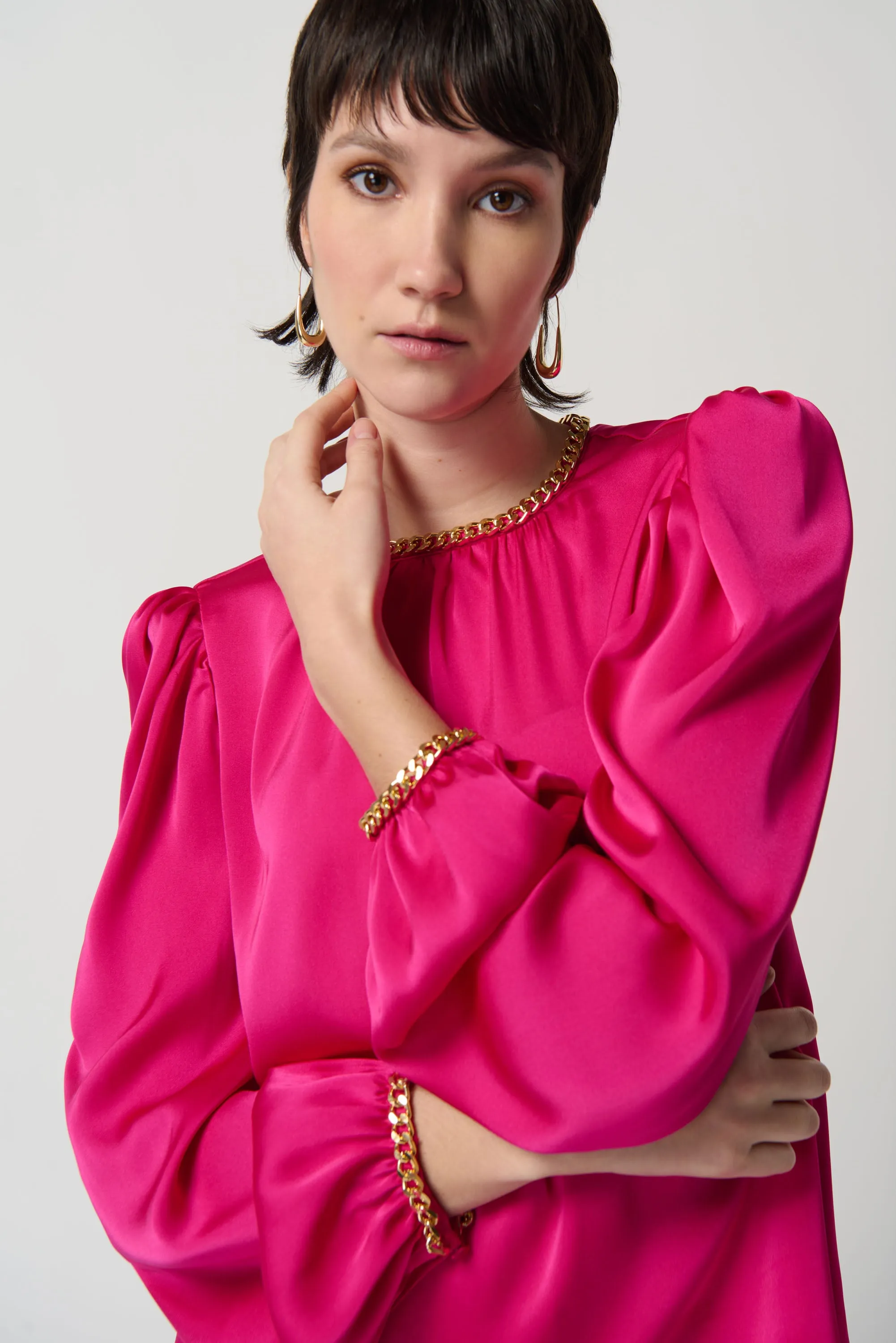 Satin Puff Sleeve Top With Gold Chain