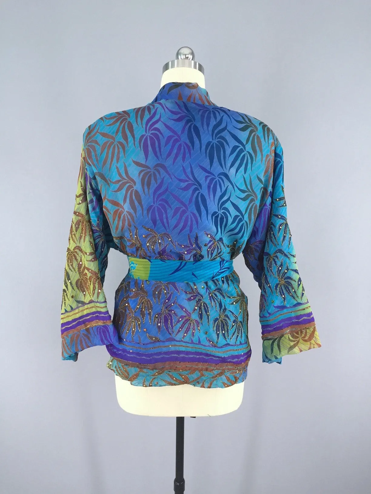 Silk Kimono Cardigan / Vintage Indian Sari / Turquoise Blue Palms