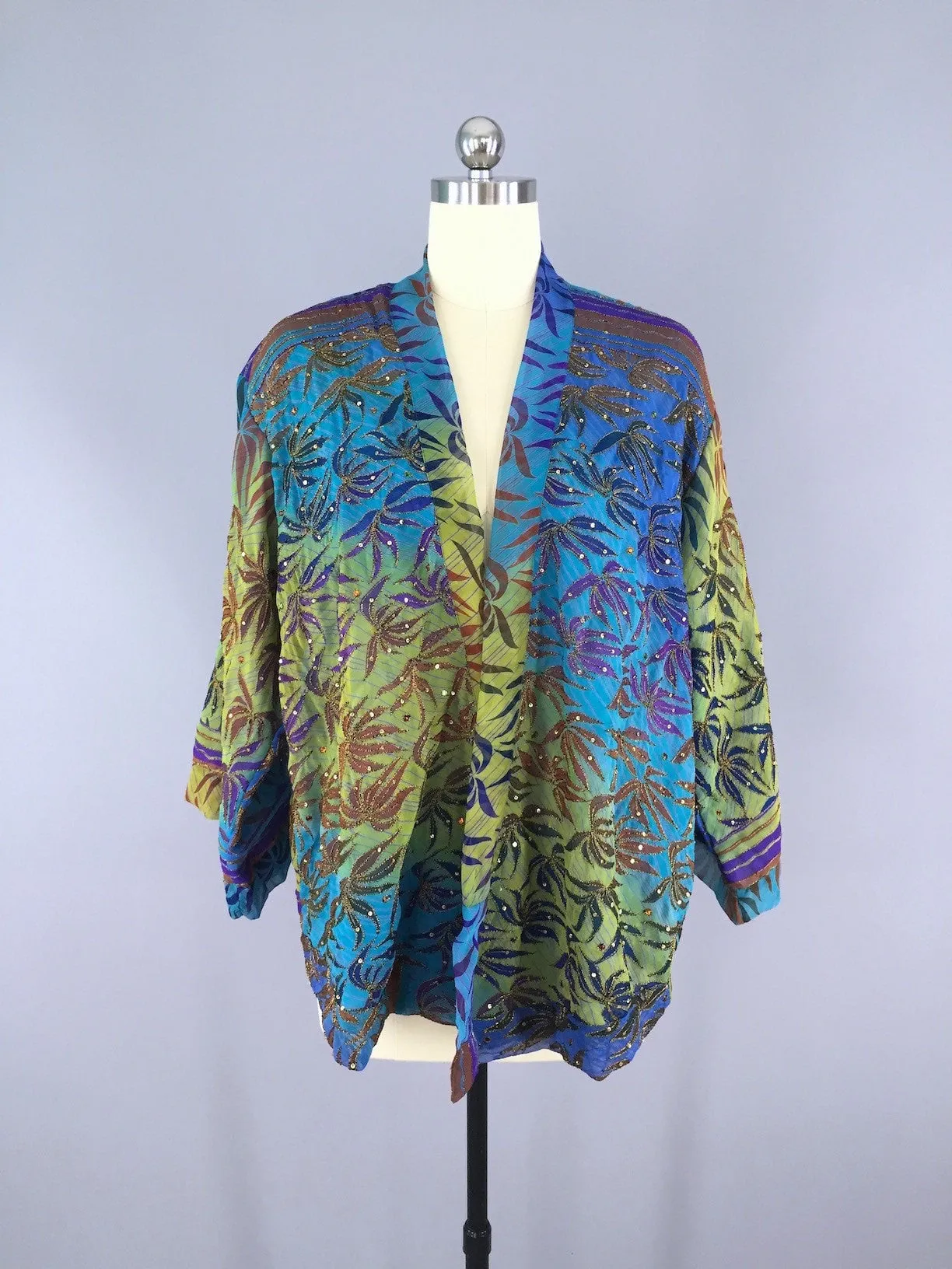 Silk Kimono Cardigan / Vintage Indian Sari / Turquoise Blue Palms