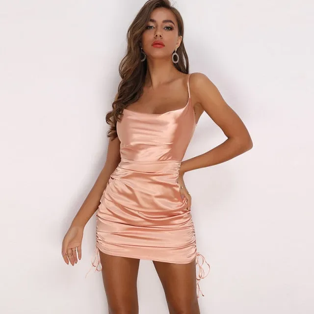 Sleeveless Short Dress Beach Satin Ruched Pleated Drawstring Casual Female Mini Dress