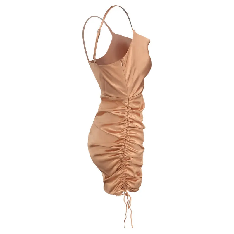 Sleeveless Short Dress Beach Satin Ruched Pleated Drawstring Casual Female Mini Dress