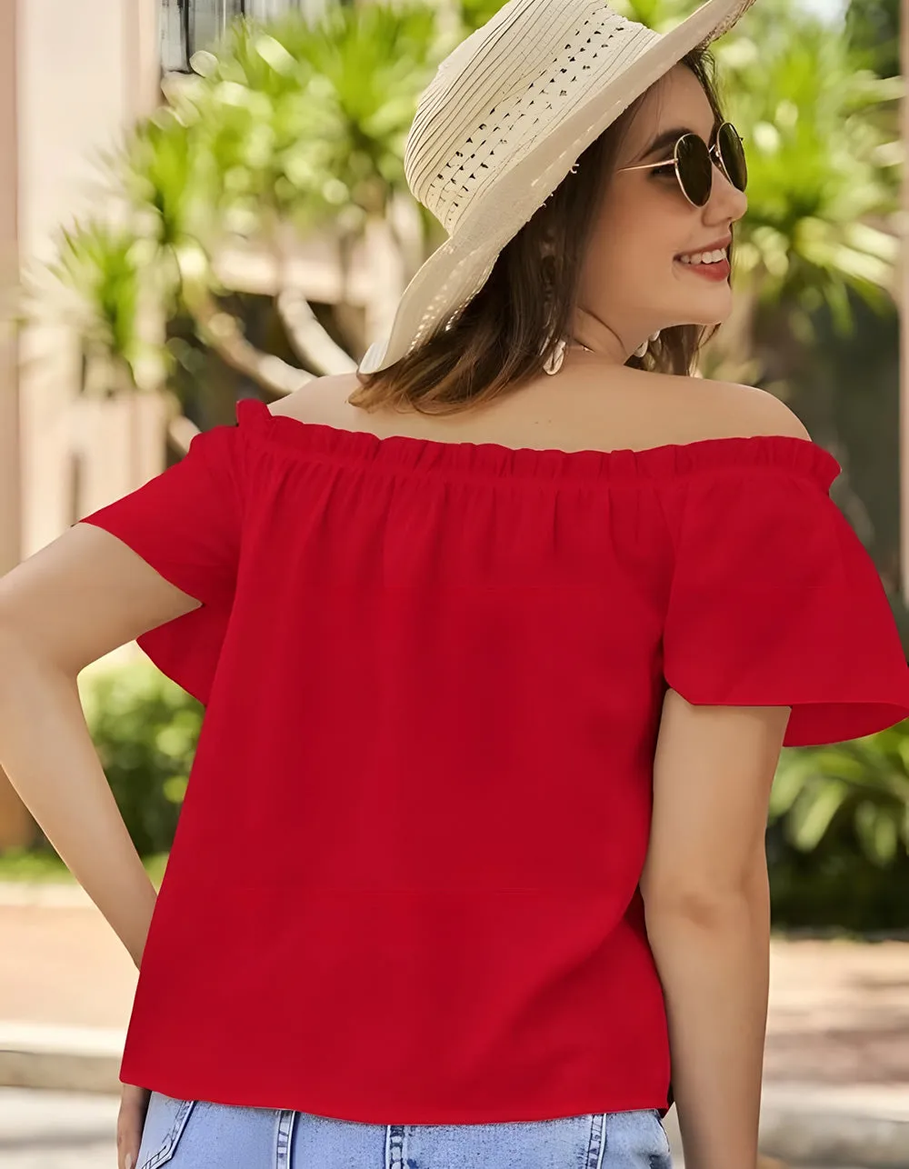 Solid-Color Plain Off The Shoulder Flounce Sleeve Shirt