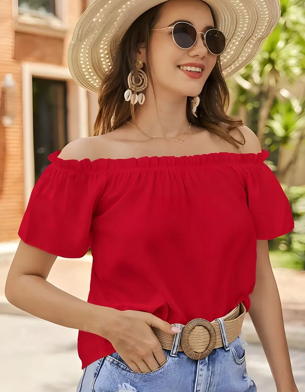 Solid-Color Plain Off The Shoulder Flounce Sleeve Shirt