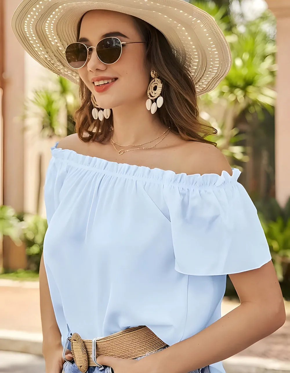 Solid-Color Plain Off The Shoulder Flounce Sleeve Shirt