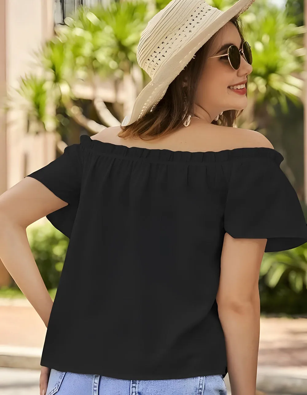 Solid-Color Plain Off The Shoulder Flounce Sleeve Shirt