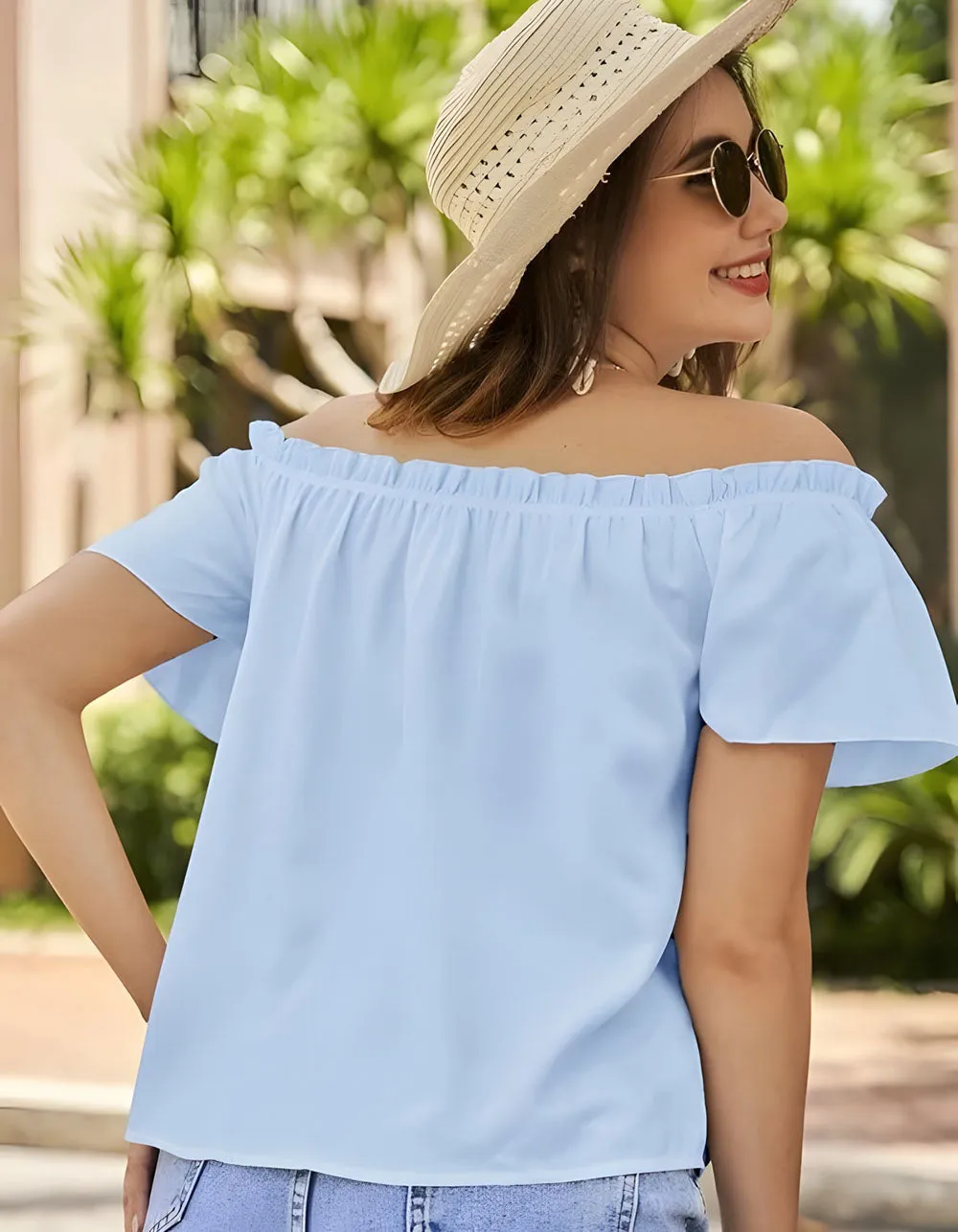 Solid-Color Plain Off The Shoulder Flounce Sleeve Shirt