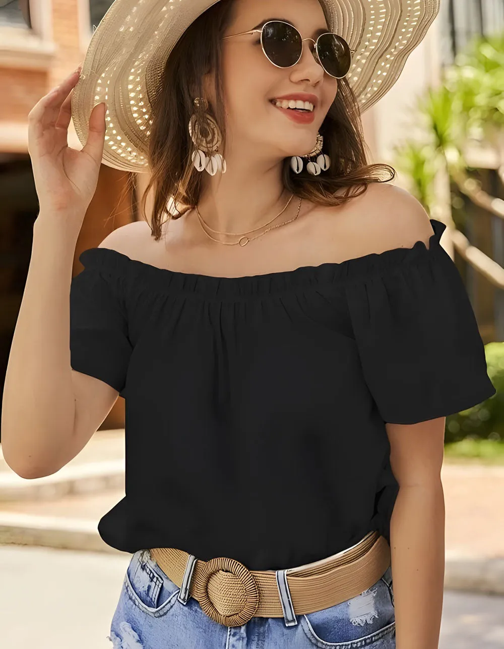 Solid-Color Plain Off The Shoulder Flounce Sleeve Shirt