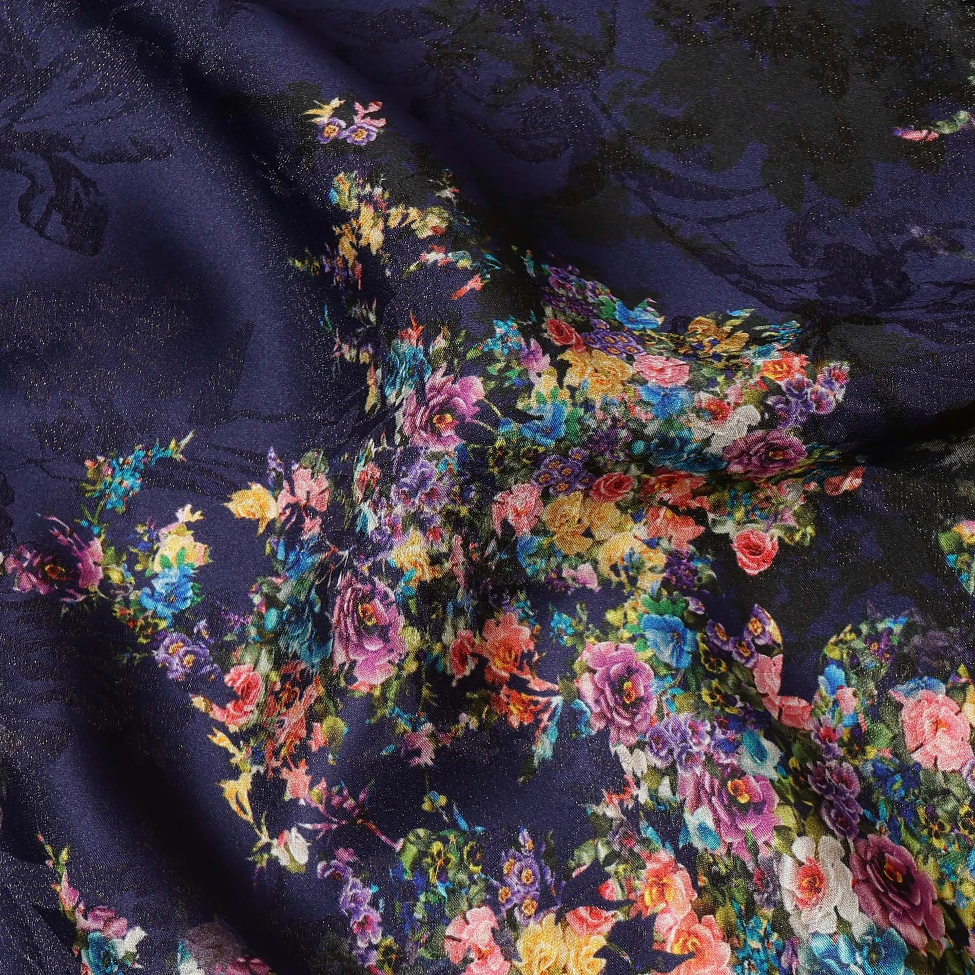 South Korean Silk Satin Fabric with Metallic Floral Design on Midnight Blue Background – 150 cm Width-D20336