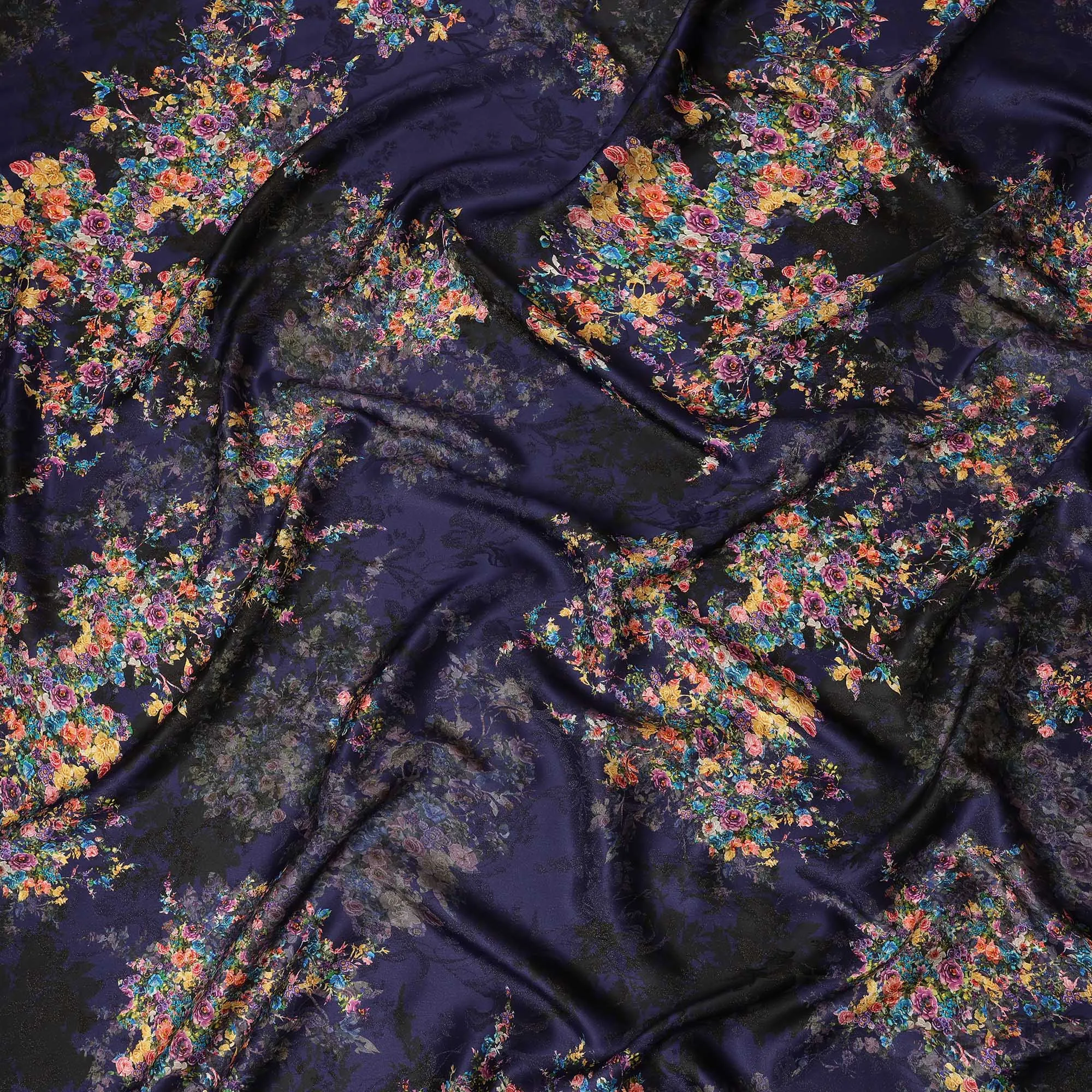 South Korean Silk Satin Fabric with Metallic Floral Design on Midnight Blue Background – 150 cm Width-D20336