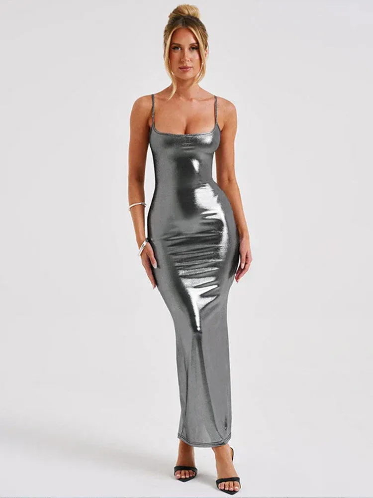 Sparkle Glittar Slim Bodycon Long Spaghetti Strap Sexy Party Maxi Dress