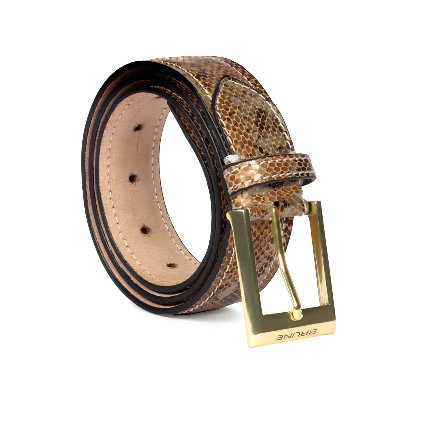 Square Gold Finish Buckle Belt in Brown Snake Skin Textured Leather By Brune & Bareskin