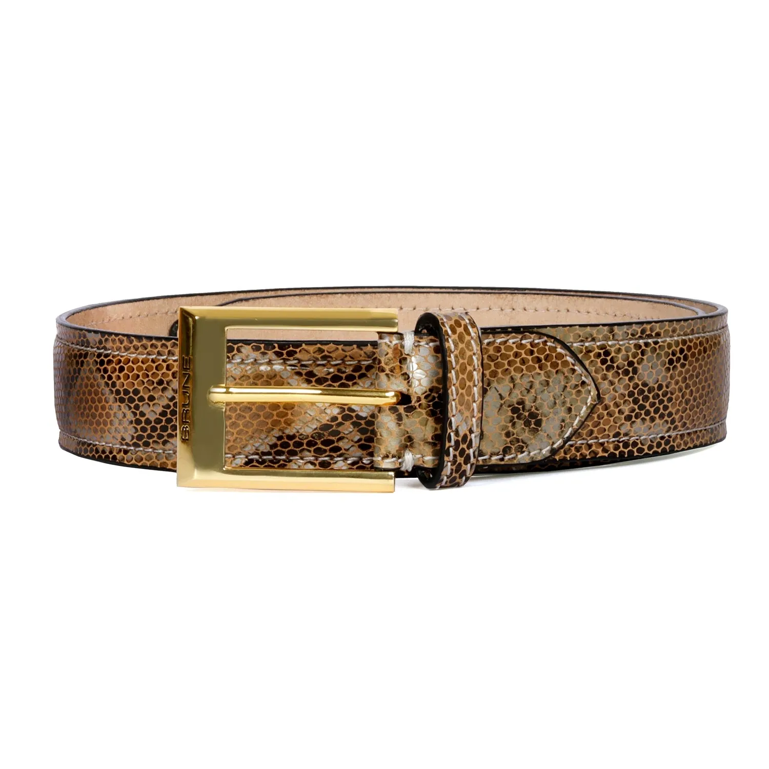 Square Gold Finish Buckle Belt in Brown Snake Skin Textured Leather By Brune & Bareskin