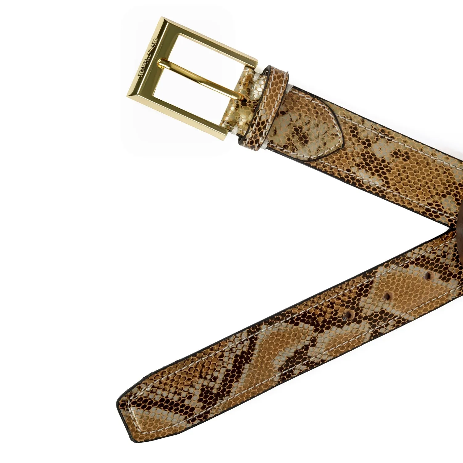 Square Gold Finish Buckle Belt in Brown Snake Skin Textured Leather By Brune & Bareskin