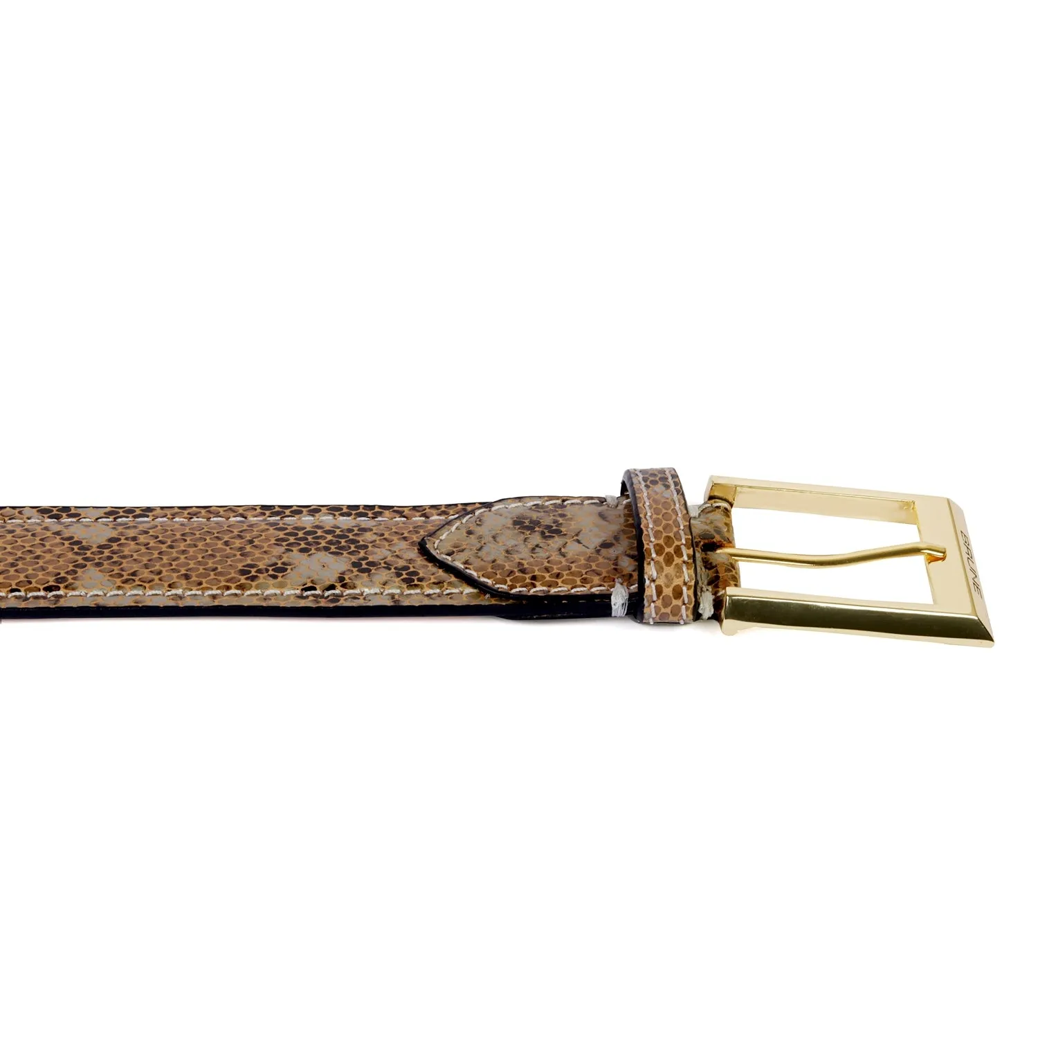 Square Gold Finish Buckle Belt in Brown Snake Skin Textured Leather By Brune & Bareskin