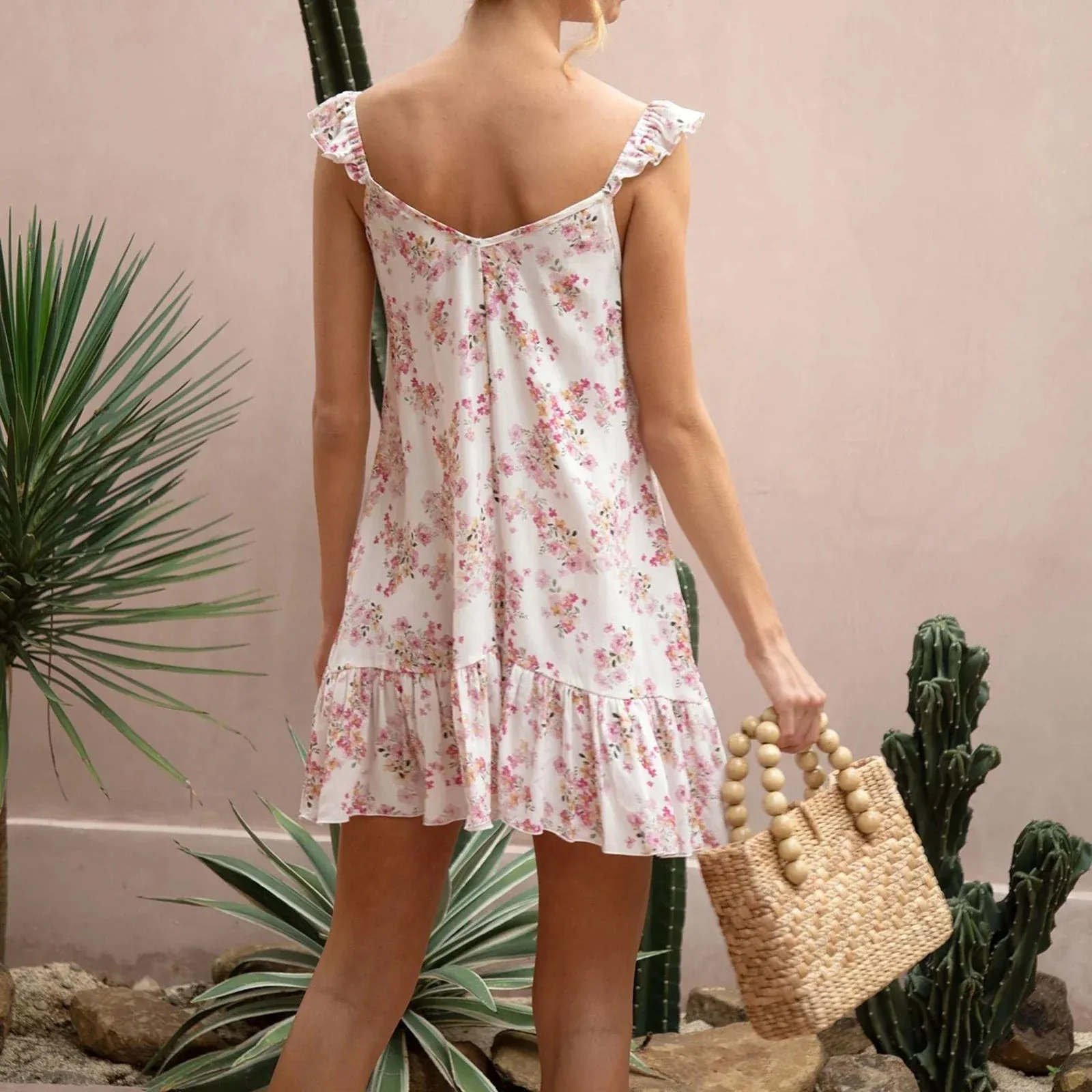 Summer Women's Casual Floral Print V-Neck Sleeveless Ruffles Backless Mini Dress