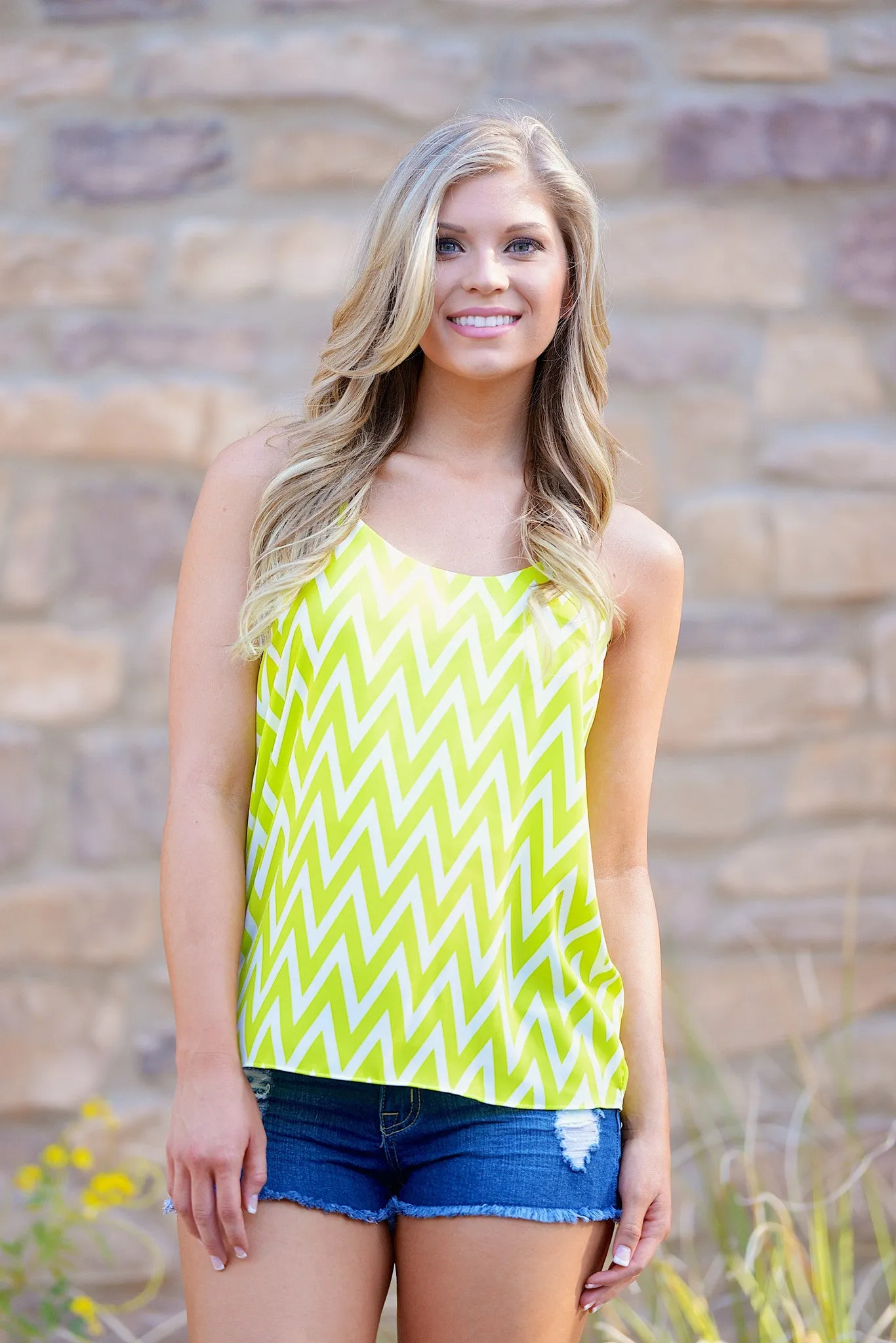 Sweeter Than Me Chevron Tank - Neon Lime