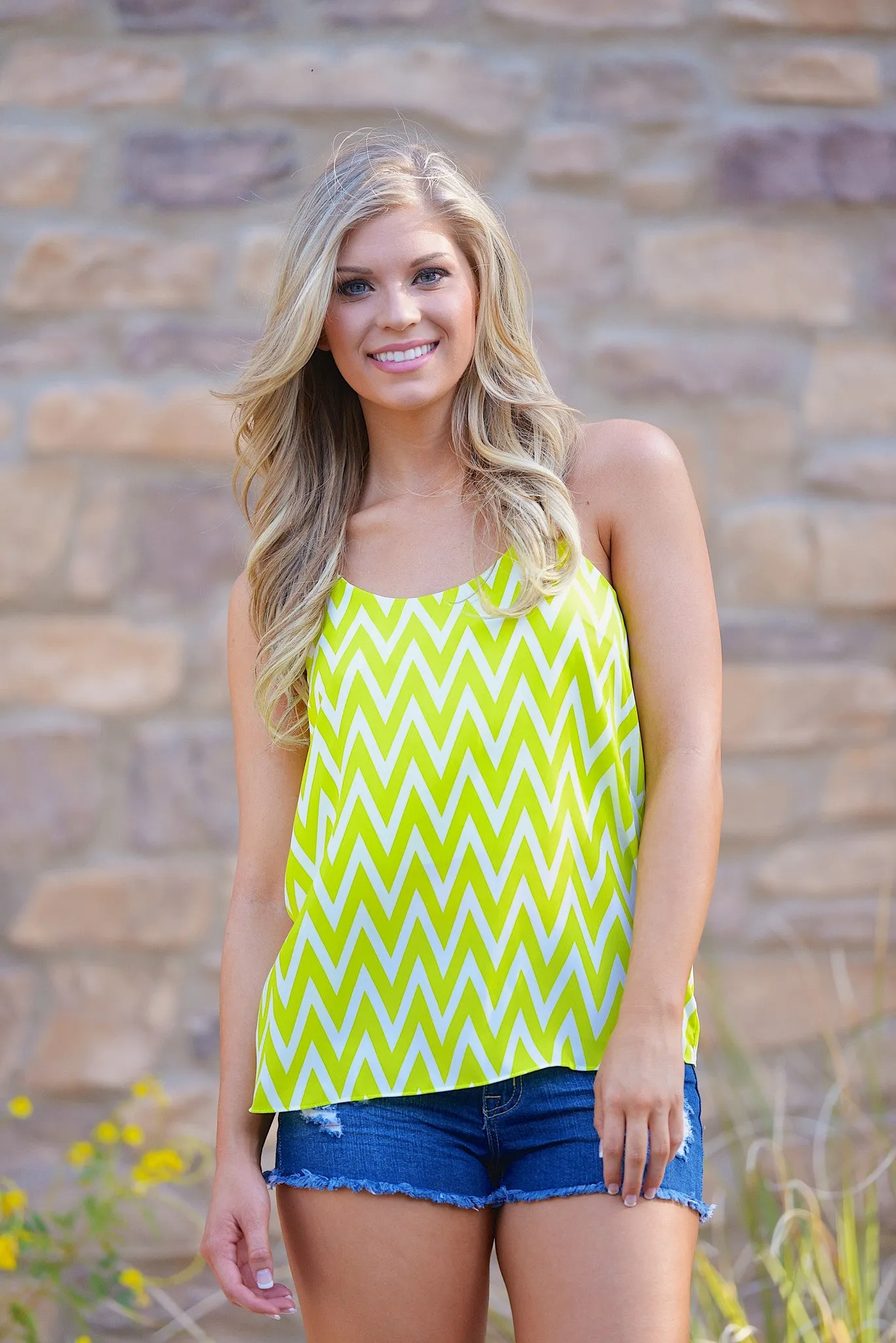 Sweeter Than Me Chevron Tank - Neon Lime