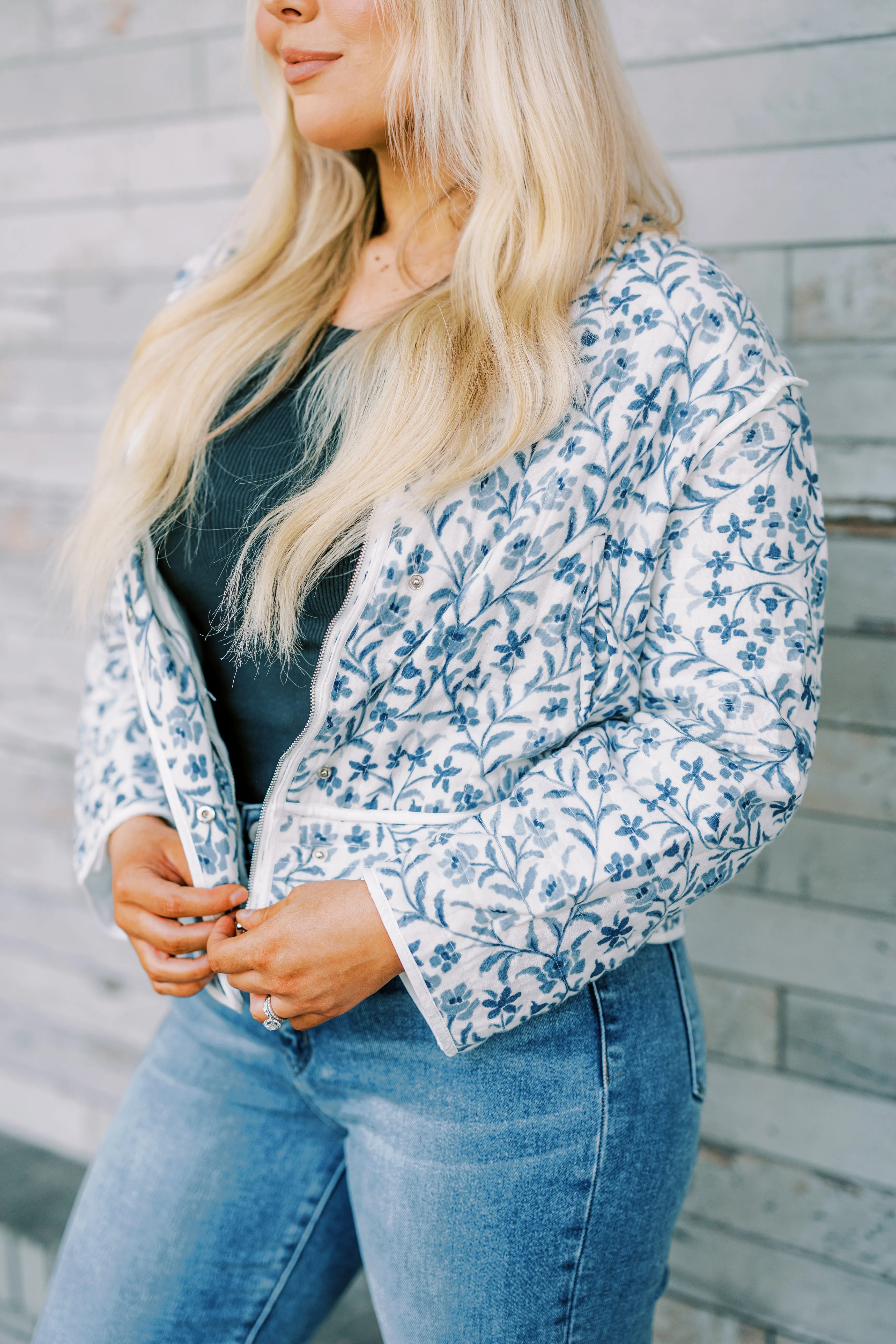 The Gisselle Blue Floral Quilted Jacket