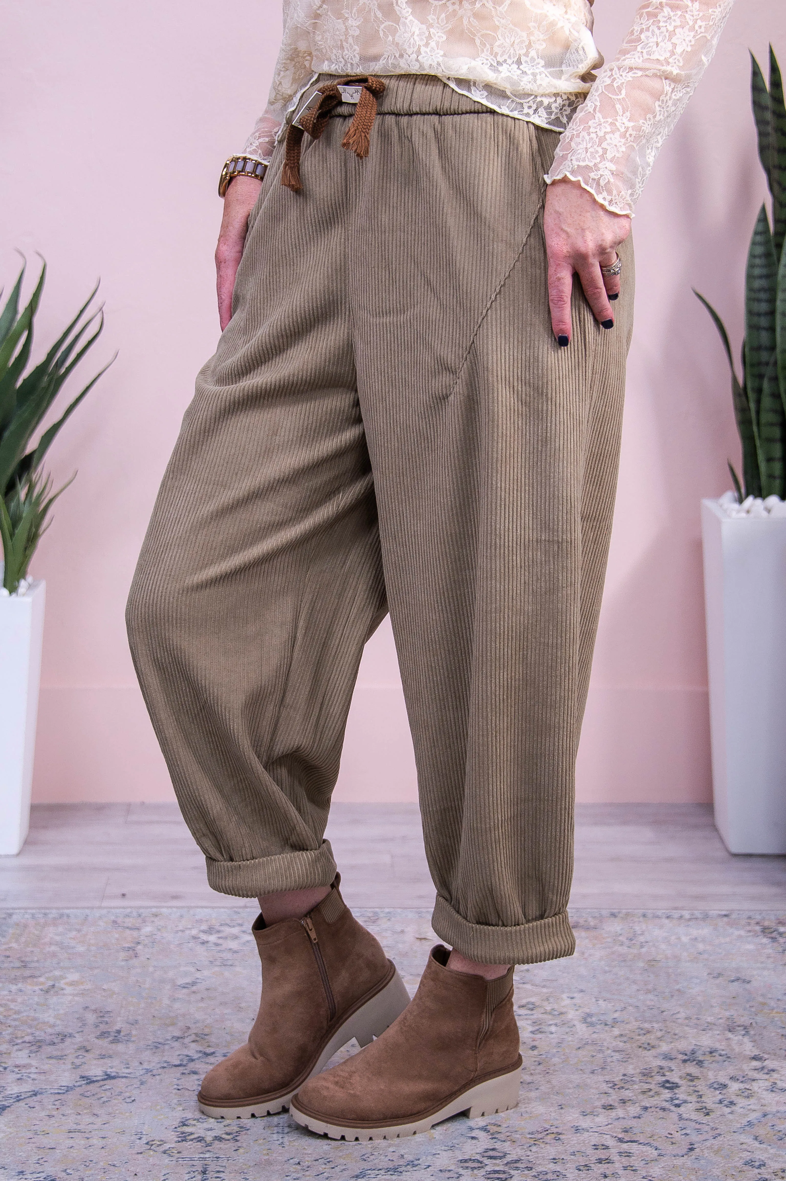 Trailblazing Style Beige Solid Corduroy Pants - PNT1713BG