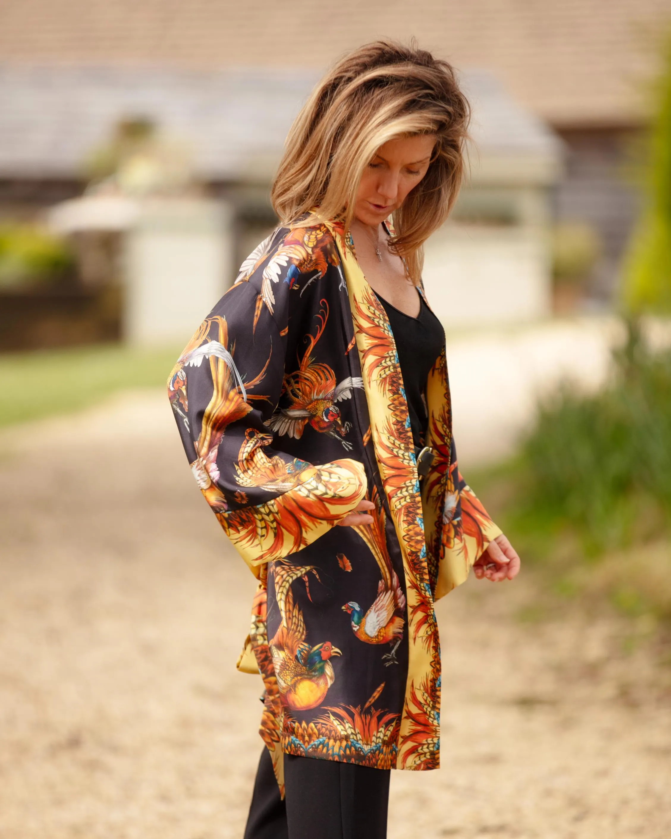 Turf War Short Silk Pheasant Kimono in Black and Gold